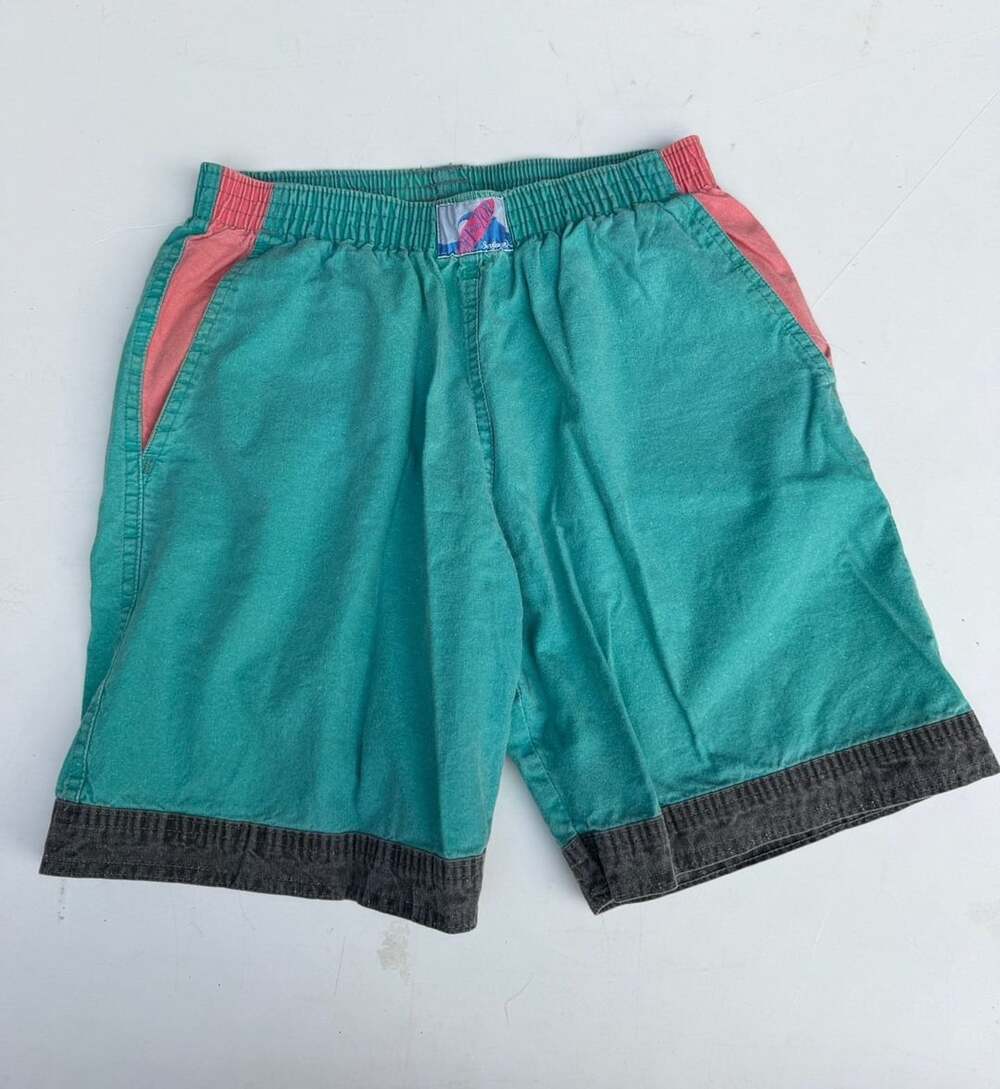 Vintage Surf Style Elastic Waist Shorts 7-inch Teal Pink Size 30